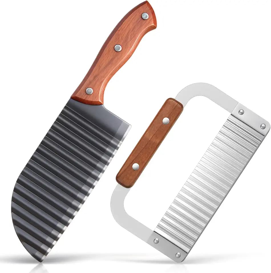 Patelai 2 Pcs Crinkle Cutter Set for French Fry, Wooden Handle, Rufous