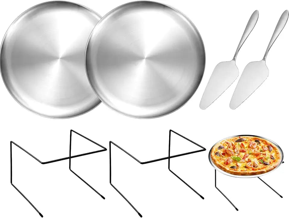 6 Pcs Pizza Pan Riser Stand Set, 2 Metal Pizza Table Stands + 2 Nonstick Pizza Pans + 2 Pie Servers, Gold Pizza Rack & Tray for Baking, Dessert, Cheese, Party, and Restaurant Use (Silver 2Pcs)