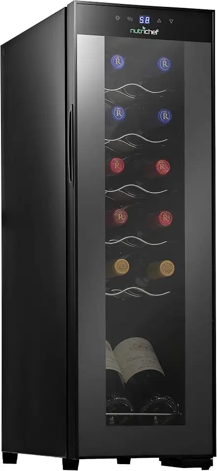 Nutrichef 12 Bottle Stainless Steel Slim Wine Fridge | Red & White Wine Chiller | Adjustable Temperature Control, Ultra Quiet Operation & Energy Efficient | Mini Wine Cooler Refrigerator 31x10x17 IN
