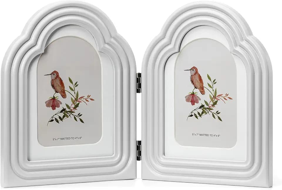 Double 5x7 Hinged Arch Picture Frame Curved Wavy Edge Vertical Folding Photo Frame Wood with Real Glass, Matted to 4x6, Table Desktop Free-Standing or Wall Art Display, White