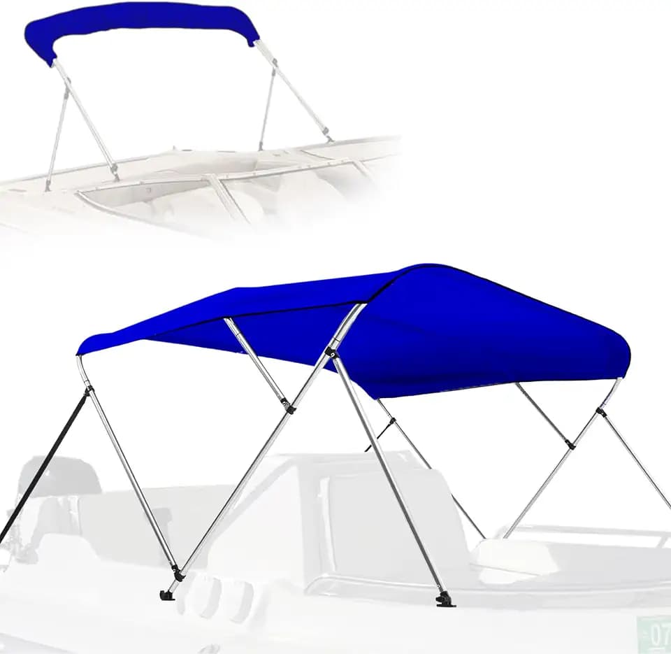 Waterproof Boat Bimini Top Cover - 85-90" W 4 Bow Bimini Top Canvas Sun Shade Boat Canopy -1" Double Wall Aluminum Frame Tubes, 2 Straps, 2 Rear Support Poles, Storage Boot (Sapphire Blue)