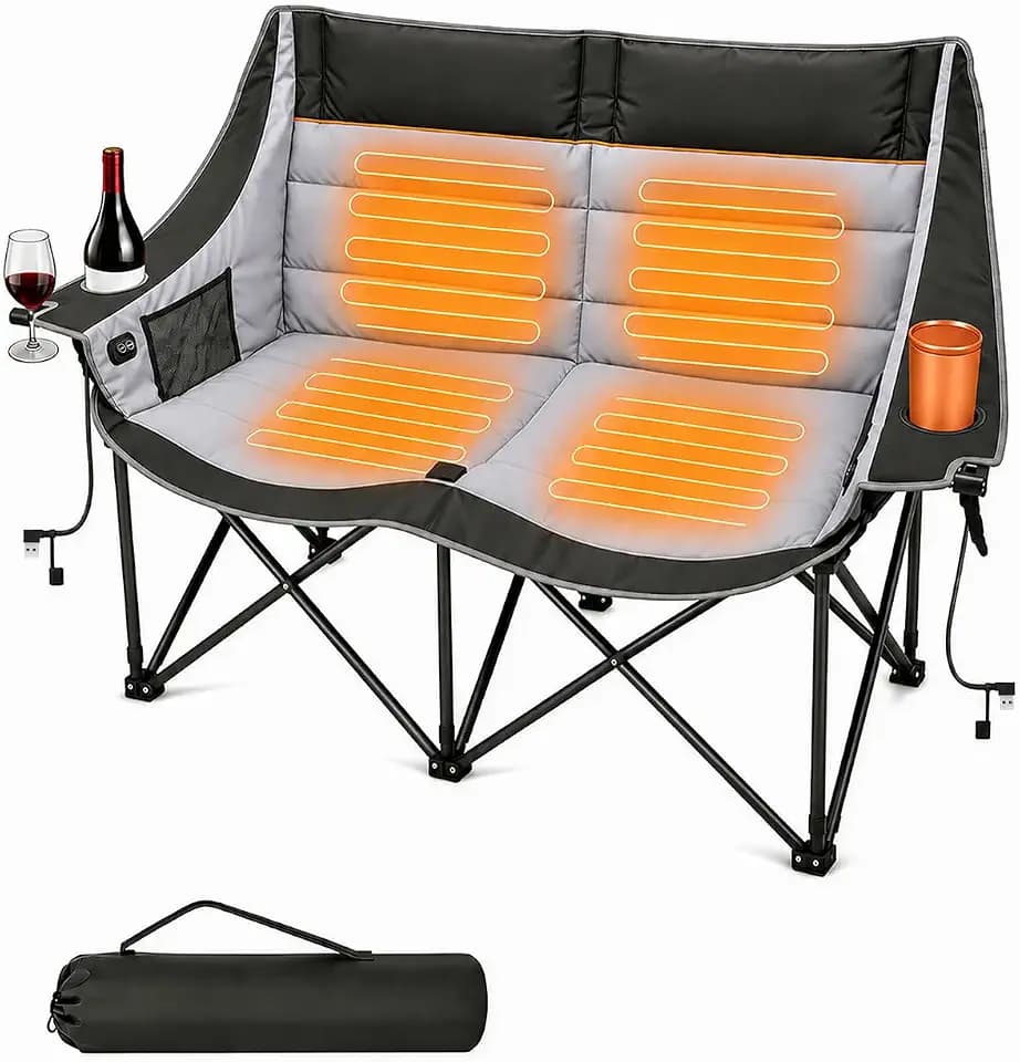 HOPERAN Heated Double Camping Chair, 660lbs 3 Heat Levels Camping Loveseat