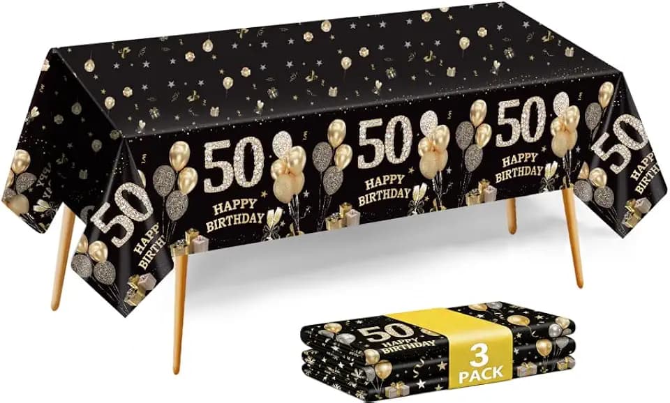 3Pcs 50th Birthday Tablecloth, Black Gold 50th Birthday Decorations for Men Women Plastic Rectangular 50th Table Cover Happy 50th Party Supplies
