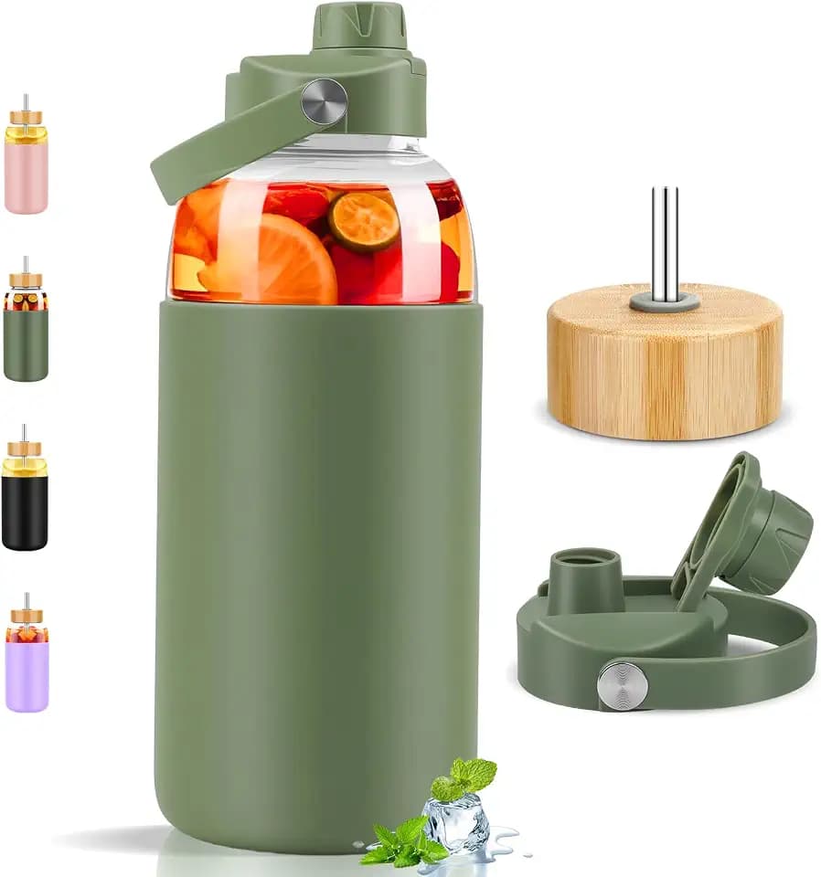 PROBTTL Glass Water Bottles 64 oz, Half Gallon Glass Water Bottle with Straw, Silicone Sleeve, 2 Lids - Handle Spout & Bamboo Straw Lid (Olive)