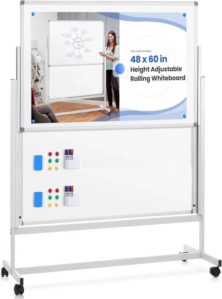 60 x 48 in Rolling Whiteboard Height Adjustable White Board on Wheels
