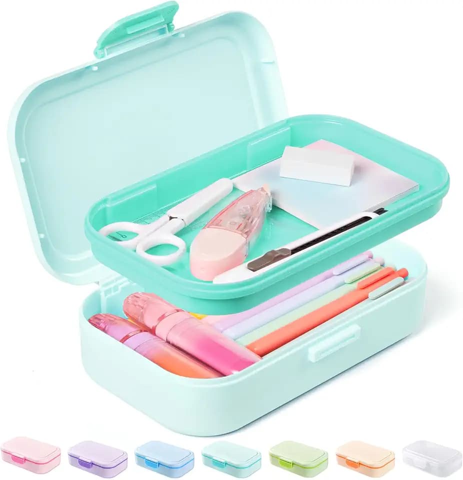 Sooez Double Layer Pencil Box, Plastic Pencil Case with Latch, Mint Green