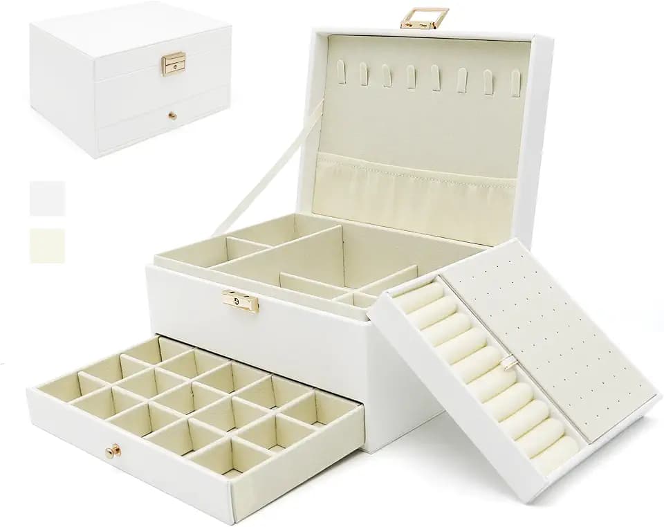 Jewelry Organizer Box, Jewelry Box Organizers for Women Girls, Jewellery Display Holder, 3 Layers Large Leather Jewels Storage Case for Earring, Rings, Necklaces, Bracelets, Watch, Ideal Gift (White)