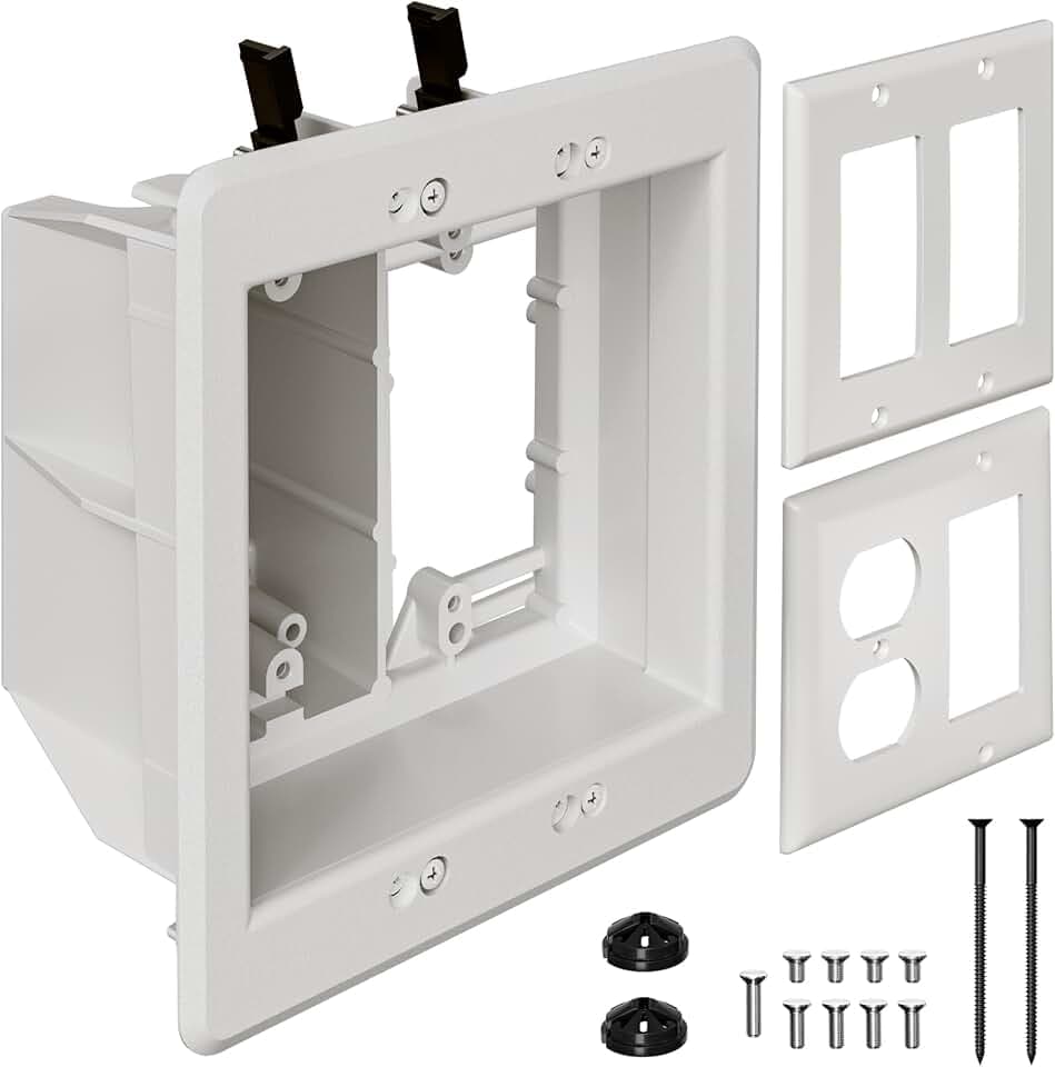 TVBU505-1 Recessed Outlet Box, Recessed Electrical Box for Wall Mount TV, Outlet Mounting Box for New Construction&Retrofit Projects, Wall Outlet Box with Duplex & Decorator Style Covers,2-Gang