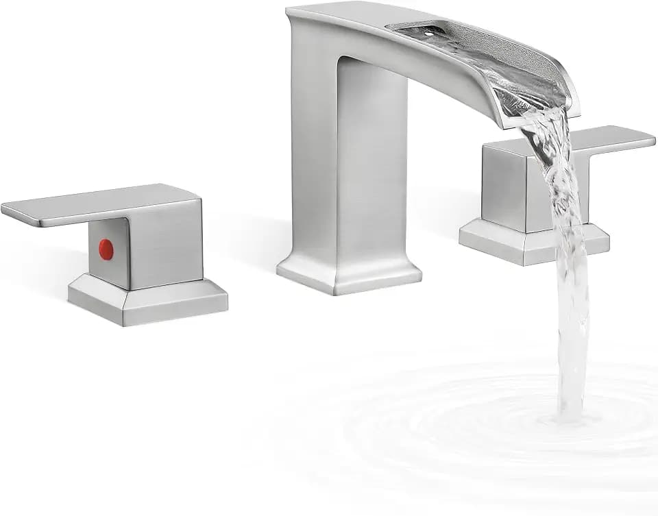 Brass Waterfall Bathtub Faucet Set 3 Hole, 2 Handle Roman Tub Faucet Brushed Nickel Matte, 6-16 Inch Widespread Tub Faucets, High Flow Deck Mount Faucet for Bathtub with Pre-installed Water Hose
