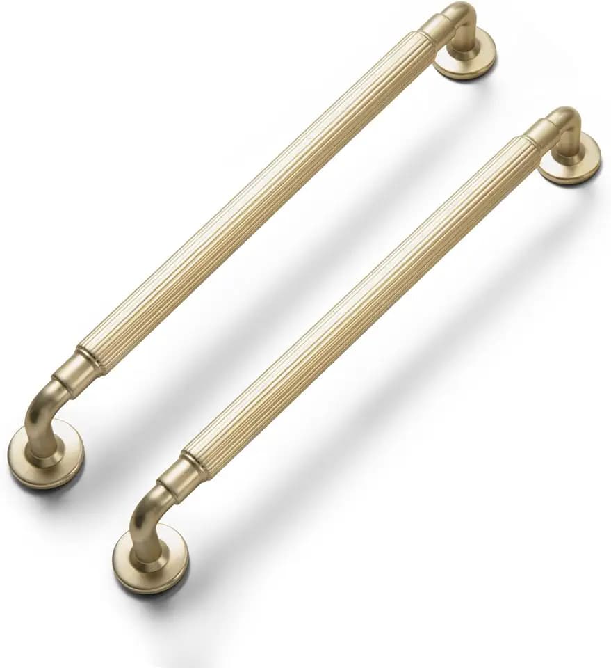 Goo-Ki Champagne Bronze Reeded Cabinet Pulls – 6 Pack 7 9/16 Inch Modern Textured Drawer Handles with Fluted Grip & Round Rosette Base, Industrial Luxury Matte Gold Hardware for Kitchen & Wardrobe