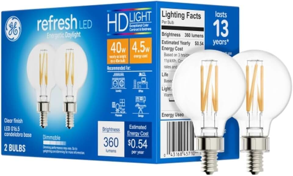 GE Refresh LED Light Bulbs, 40 Watt, Daylight, G16.5 Globe Bulbs, Small Base (2 Pack)