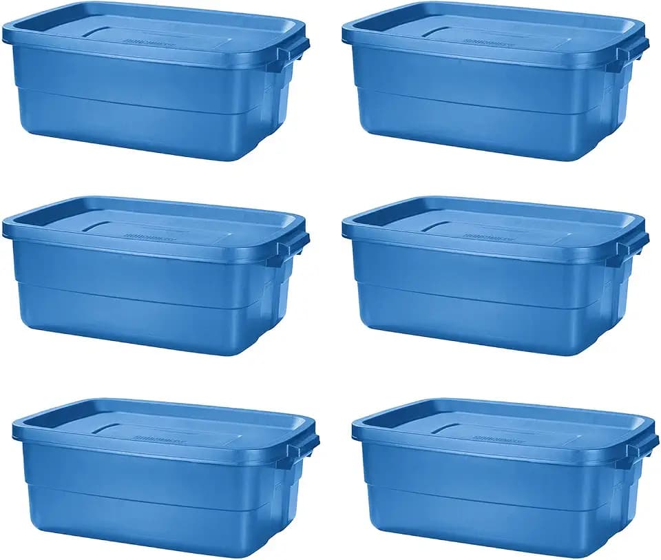 Rubbermaid Roughneck️ 10 Gallon Storage Totes, Pack of 6, Durable Stackable Storage Containers with Lids, Nestable Plastic Storage Bins for Tools, Moving Boxes, Heritage Blue