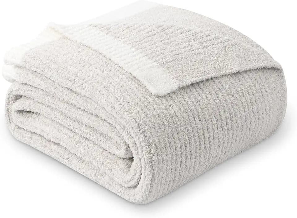 MH MYLUNE HOME Ultra Soft Ribbed Throw Blanket Plush, Beige, 60"x80"