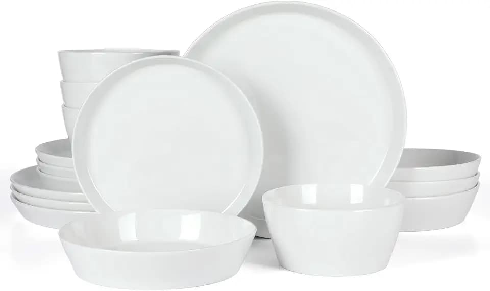 Martha Stewart Selma Chip & Scratch Resistant Dinnerware Set Service for 4 (16pcs) – White Plates and Bowls, Durable Dishwasher and Microwave Safe Dishes Set for Everyday Use
