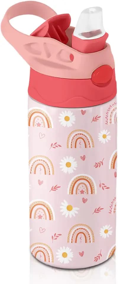 Daisy Water Bottle for Women - 12oz Pink Water Bottle with Straw, Rainbow Stainless Steel Tumbler, Insulated, Leak-proof, BPA-free, Pop-up Straw Lid, for School Travel - Birthday Gift Cup(1pc)