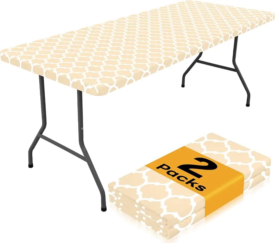 Smiry 2 Pack Rectangle Table Cloth 4 Foot, Waterproof Elastic Fitted Tablecloths, Windproof Washable Polyester Table Cover for Picnic, Camping, Outdoor (Beige, 30"x48")