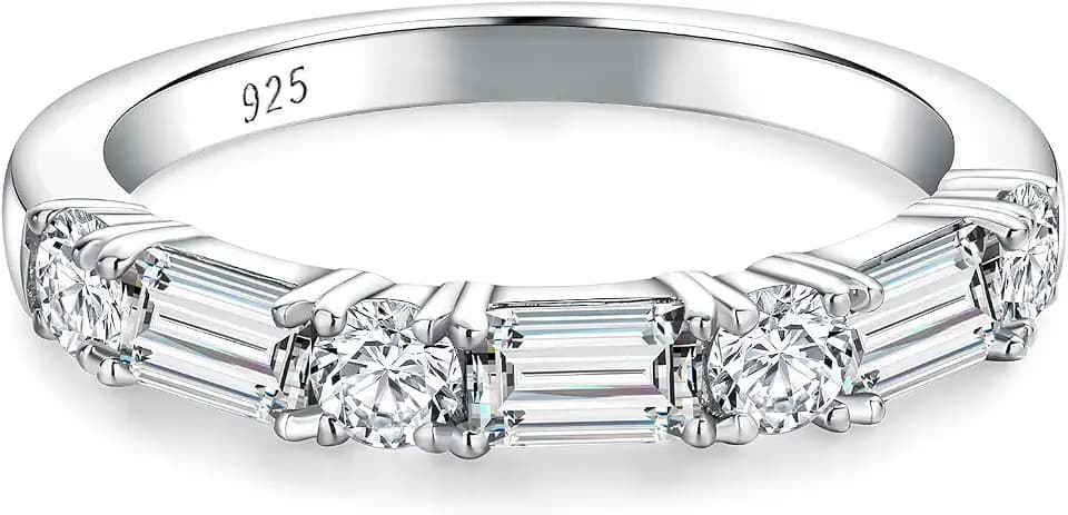 3.5mm Half Eternity Band Sterling Silver Rings for Women Sapphire/Ruby/Emerald and Cz Wedding Bands 7 Stone Stackable Birthstone Ring Anniversary Jewelry Size 6-10