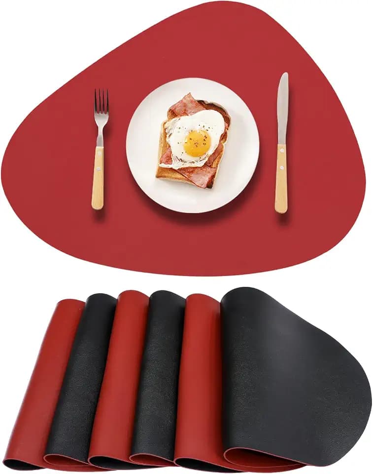 Round Placemats Set 6 Reversible,Black Red Faux Leather