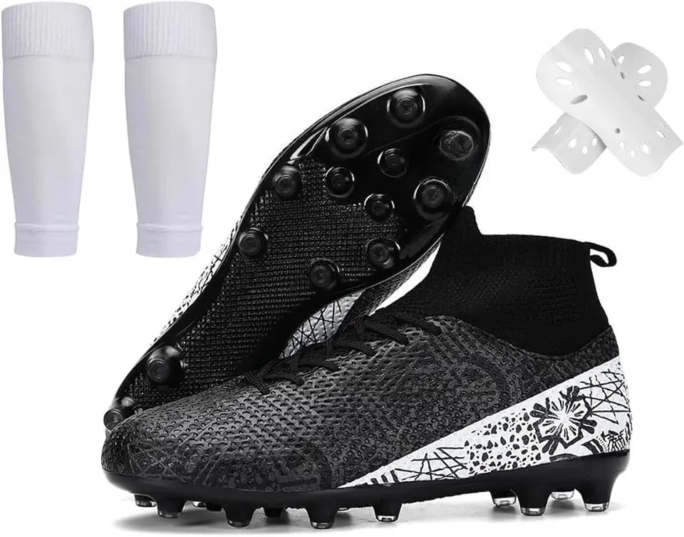 Men's Soccer Cleats High-Top Turf & AG Spikes Shoes Unisex Adult Training Athletic Sneakers for Women Youth Boys Girls with Shin Guard Sock Set