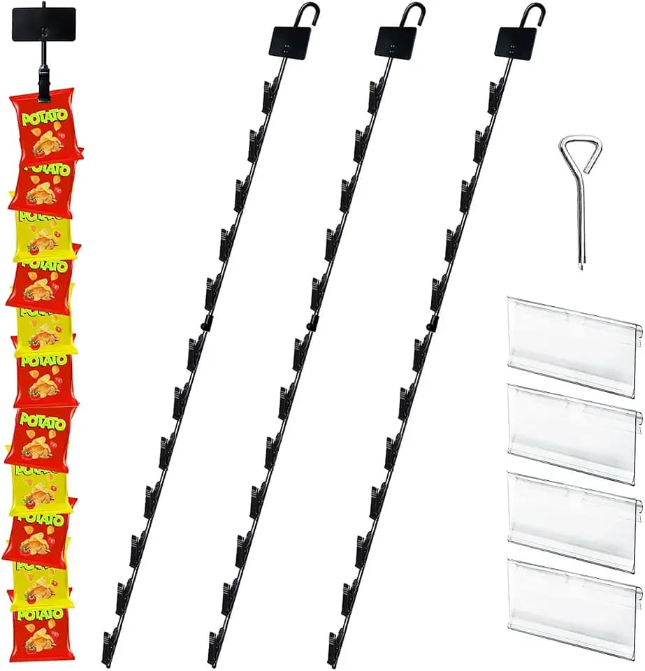 Dafftos Hanging Merchandise Strips with Hooks Chip Display Rack Stands Potato Bag Holder 12 Clips for Retail 32 inches Displaying Black Label Headers Card Snacks Metal 4 Pack