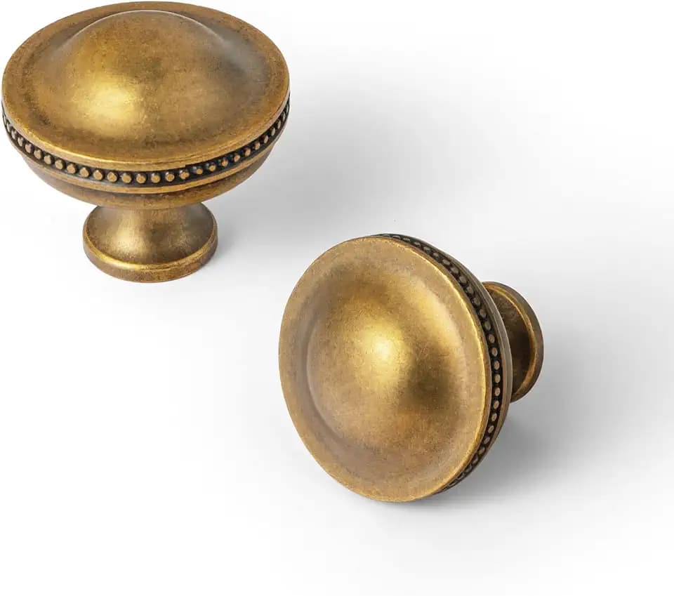 Goo-Ki 6 Pack Classic Antique Brass Cabinet Knobs with Beaded Edge - Dome Elegant Drawer Pulls Vintage Kitchen Handles, 1 7/16 Inch Diameter