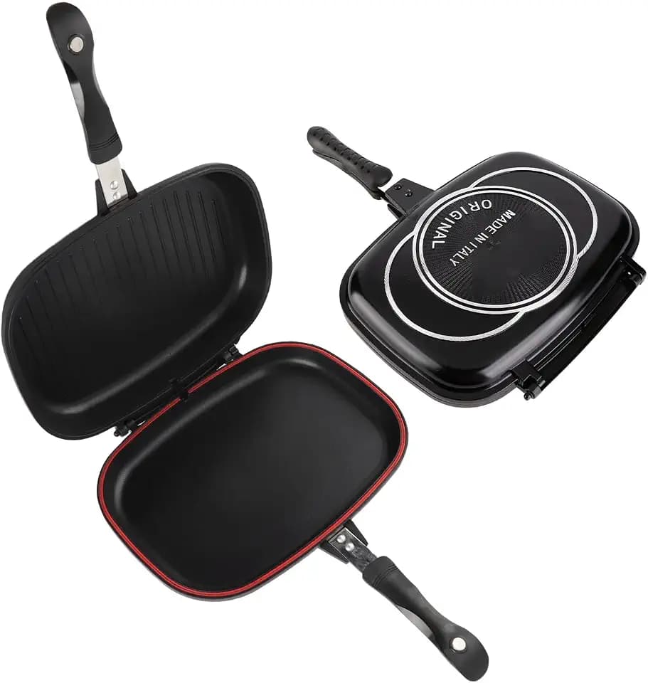 Double Sided Frying Pan Nonstick Dessini Double Side Pressure Cooking Grill Pan Antiburn Handle Portable Aluminum Frying Pan Sandwich Baking Kitchen Supplies Pot 32Cm 12.6In