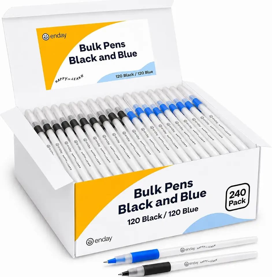 Enday Ballpoint Pens Bulk 240 Pack, Blue & Black Ink Pens (120 Each), Soft Grip Clear Barrel Writing Pens, Medium Point 1.0mm, Smooth Writing for School Office Home Supplies