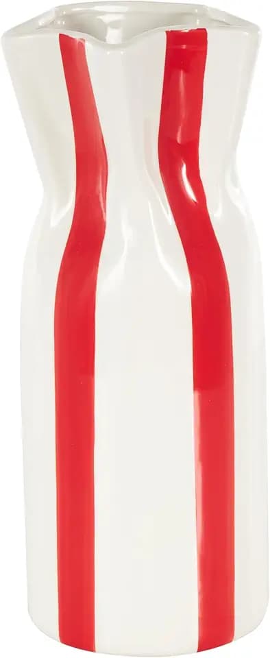 Deco 79 Ceramic Decorative Vase Round Centerpiece Vase with Red Vertical Stripes, Flower Vase for Home Decoration 5" x 5" x 12", White