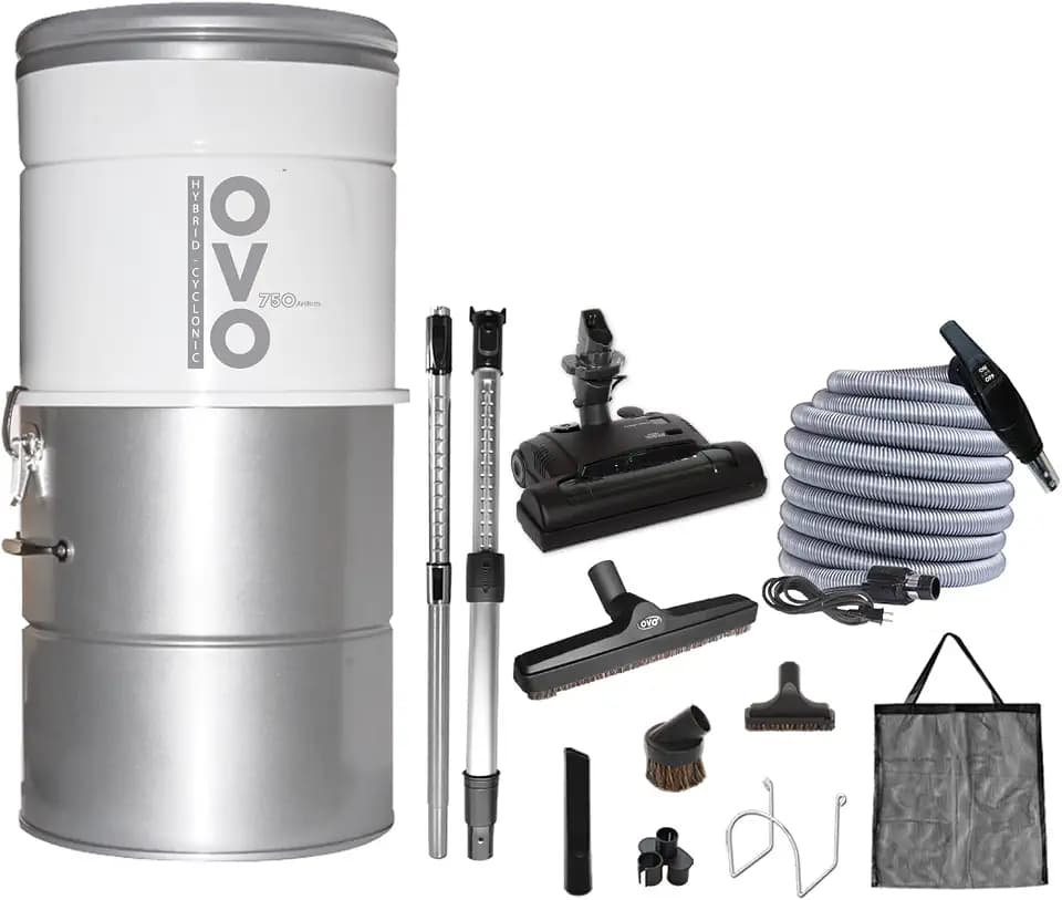 OVO 750 Airwatts Heavy Duty Powerful Central Vacuum System, Hybrid Filtration (with or Without Disposable Bags) 25L or 6.6Gal, 30ft Carpet Deluxe Accessory kit Included