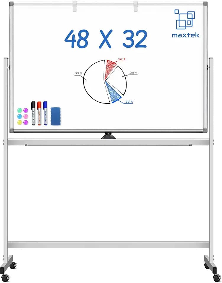 Maxtek Rolling White Board on Wheels 48x32 in, Double-Sided Magnetic Stand