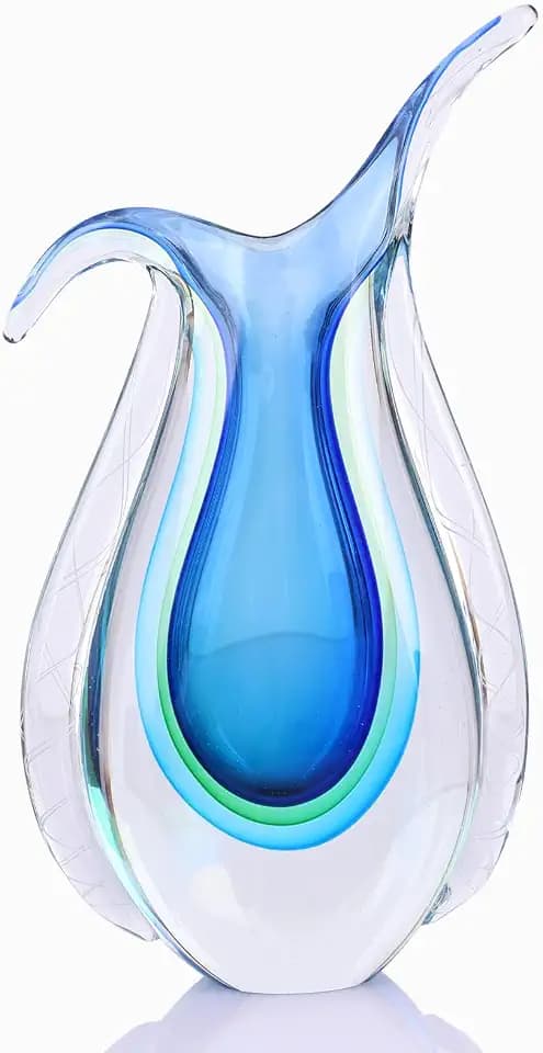 Blown Glass Blue vase, Unique Murano Style Glass Art Deco vase for Living Room TV Stand, Table Setting, Office, Room and Desktop Decorations and Ornaments.