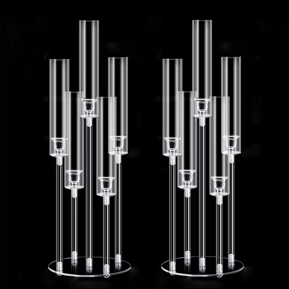 2Pcs Acrylic Candelabra Centerpieces for Wedding,Clear Crystal 5 Arm Candlesticks Holder with Acrylic Shade for Valentine's day Dinner Party Fireplace Gift Fit 0.87 LED Candle