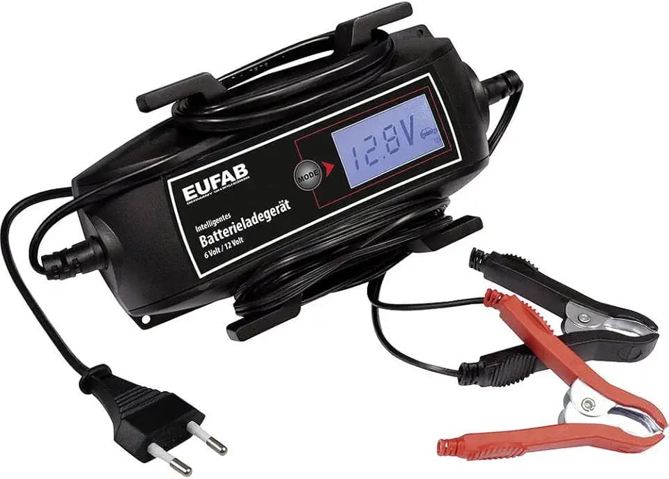 EUFAB 16616 Intelligentes Batterieladegerät, 6/12 V, 4 A, mit Kabelaufroller, Schwarz