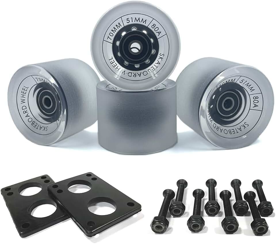 LOOEEL 70mm Longboard Wheels 80A Contains ABEC-9 Bearings and Spacers,Skateboard Riser Pads,Skateboard Hardware Screws Bolts,fit for Your Longboard Skateboards.-Transparent Frosted