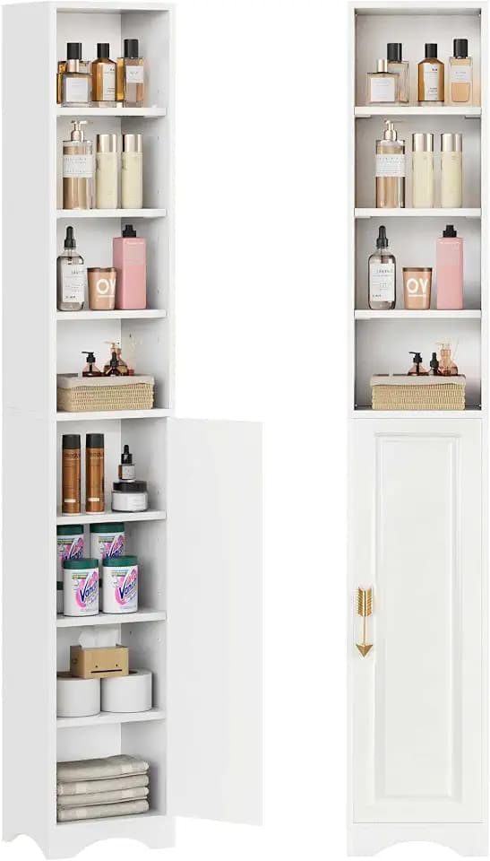 VECELO 71" Tall Narrow Storage Cabinet, Bathroom Storage Slim Freestanding Cabinet with Door & 6 Adjustable Shelves, Anti-Tip Design for Small Space, Kitchen, Living Room, White
