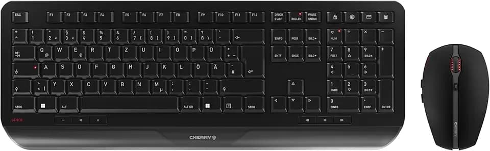 CHERRY GENTIX Desktop, Kabellose Tastatur und Maus, Deutsch QWERTZ, Schwarz | Wireless Verbindung über 2,4 GHz Funk mit USB-Dongle, Integrierte Handballenauflage, Symmetrische Maus, Batteriebetrieben