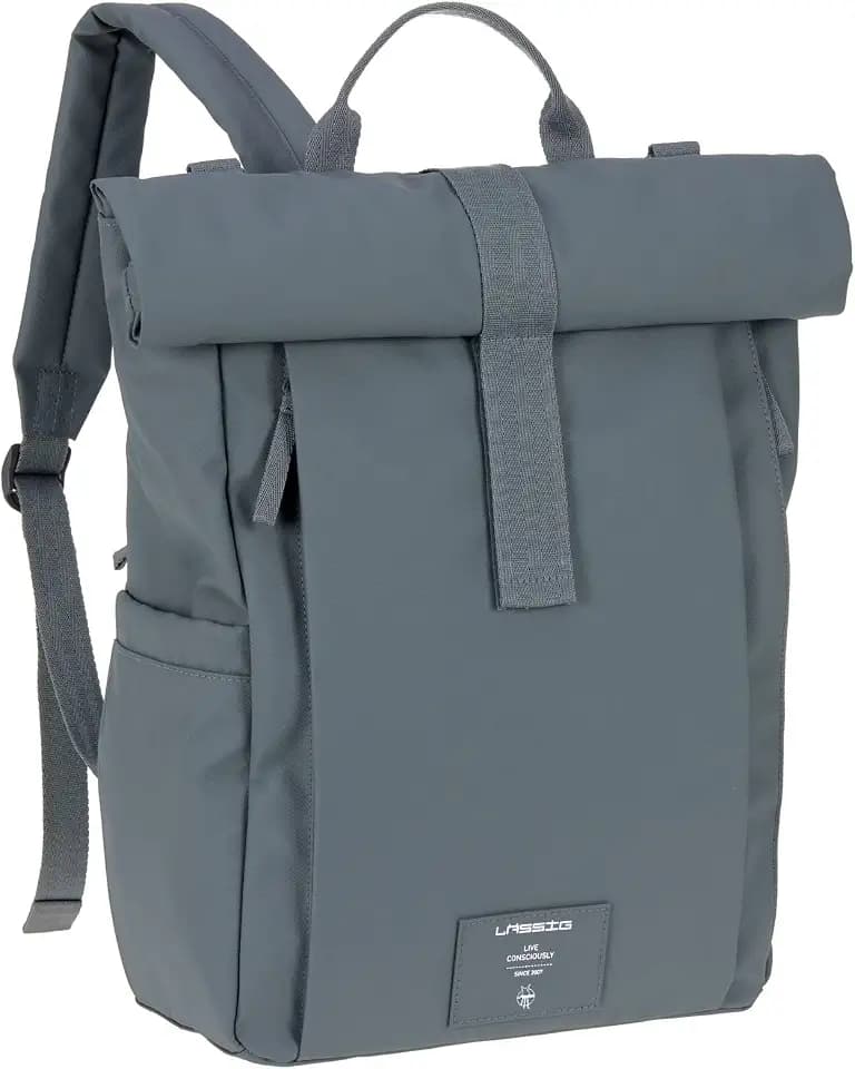 LÄSSIG Baby Wickelrucksack Wickeltasche Rucksack mit Wickelunterlage, Kinderwagenbefestigung, Flaschenhalter nachhaltig produziert/GRE Rolltop Up Backpack
