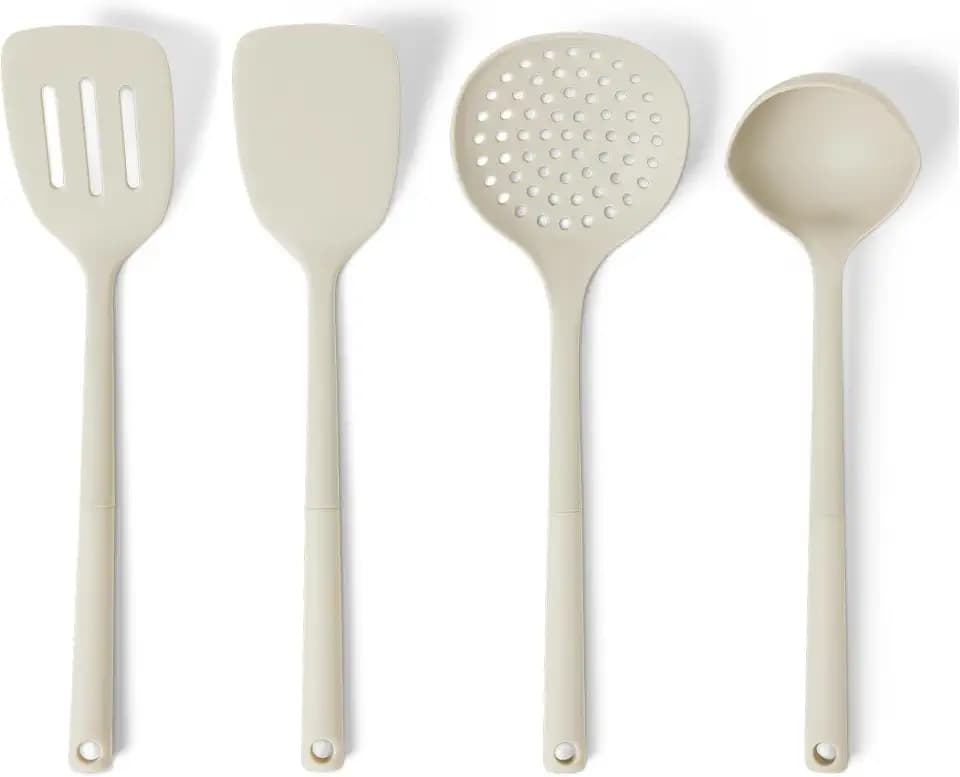 Amazon Basics Silicone Cooking Spoon, Ladle and Spatula Set, 4-Piece, Slotted, Soft Grip Handle, BPA-Free, Dishwasher-Safe, Linen Gray