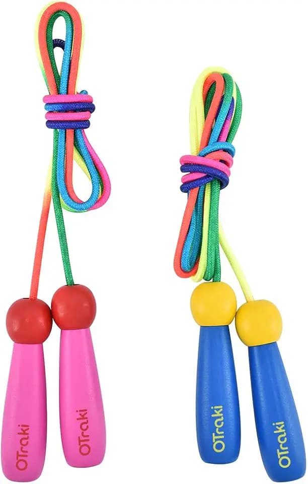 OTraki Springseil für Kinder, 2,5 m, verstellbar, mit Holzgriff, Springseil für Mädchen oder Jungen, Kinder ab 5 Jahren, für Fitness, 2 Stück