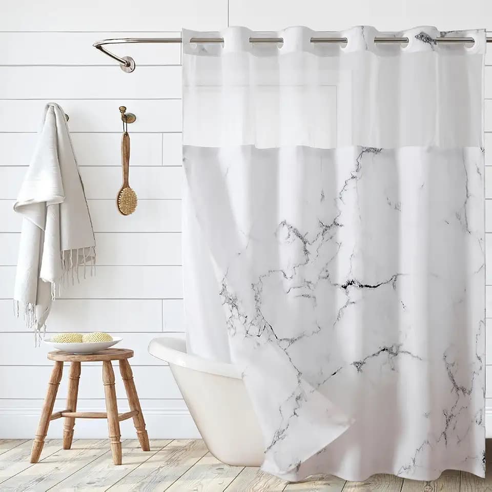 Grey Marble Shower Curtain No Hooks, Shower Curtain Double with Snap in Liner, Waterproof Fabric Bath Curtain with Mesh Top Window, Modern Abstract Decor for Luxury Hotel Grade Bathroom 71" X 74"