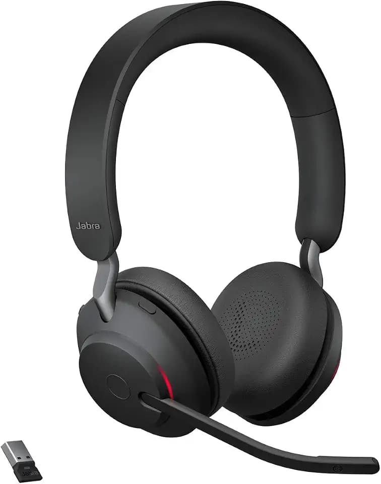 Jabra Evolve2 65 Wireless PC Headset – Noise Cancelling UC Certified Stereo Headphones with Long-Lasting Battery – USB-A Bluetooth Adapter – Black