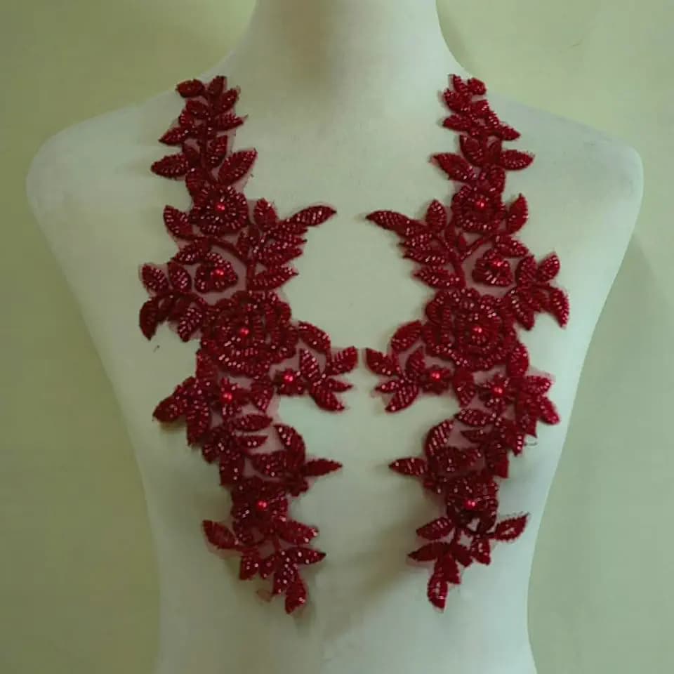 Beaded lace Decal Fabric Decal for DIY Decals on Wedding Dresses/Gowns/Headwear (Wine red)