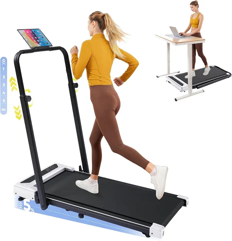 Walking Pad Treadmill with Incline, 2 in 1 Foldable Treadmills with Adjustable Height Handle Bar for Home Small Office, 350lbs Portable Compact Under Desk Treadmill with Magnetic Remote Control, White