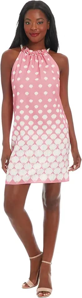 London Times Women's Women's Sleeveless Ruffle Neck Shift Dress with Shell Pattern - Knee Length Special Occasion Dress