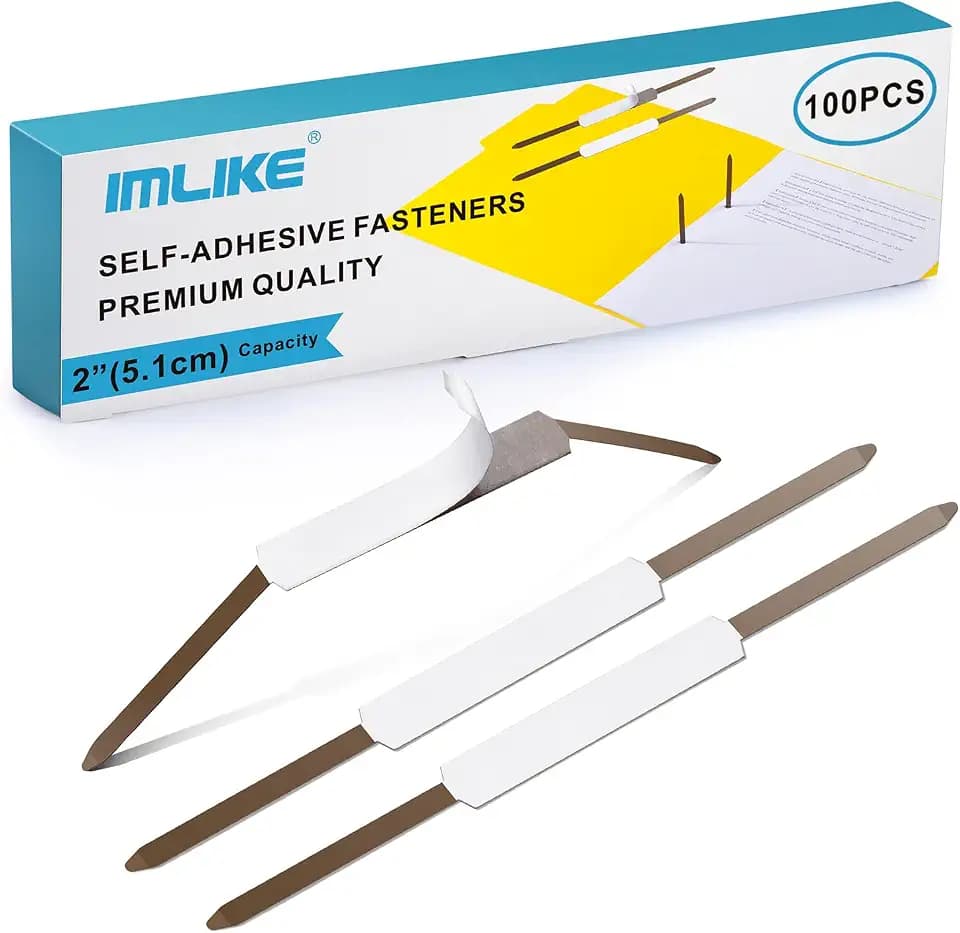 Self-Adhesive Prong Paper Fasteners - IMLIKE 100 PCS Metal File Fasteners, 2" Capacity, 2.75" Base for Paper Folder or Files, Brown - A Good Partner for Collecting Papers