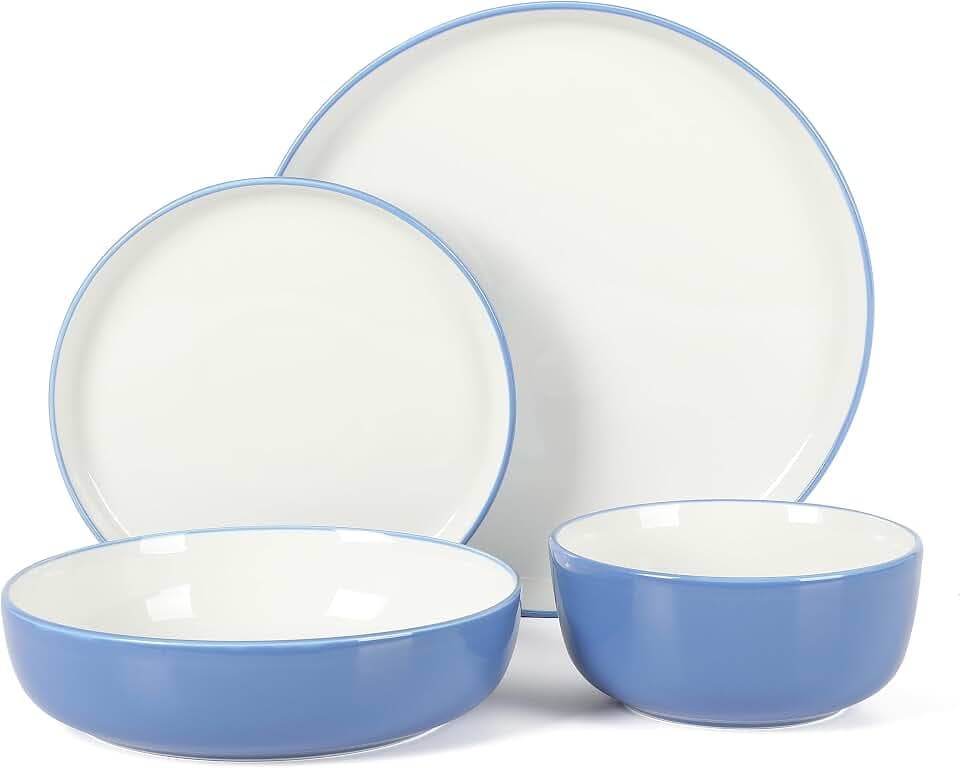 Sur La Table Kitchen Essentials Two-Tone Porcelain Dinnerware Plates and Bowls Set - Blue/White, Service for 4 (16pcs)