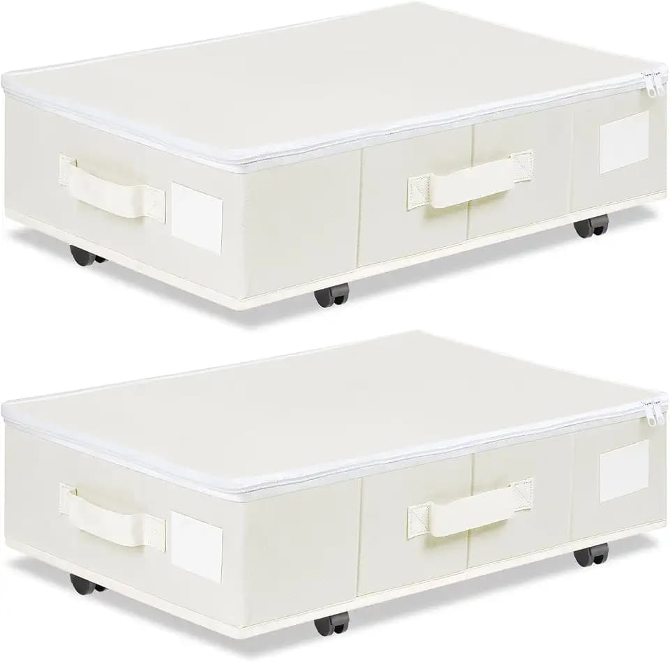 Vincona Under Bed Storage with Wheels, Rolling Under Bed Storage Containers with Label Holders for Clothes, Shoes and Blankets, Underbed Storage Organizer with Cover, 2 Pack Beige (23.6x15.7x7.28 in)