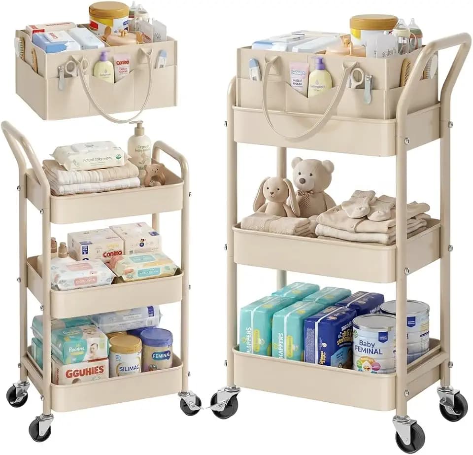 3 Tier Baby Diaper Caddy Organizer Cart with Detachable Dividers and Wheels