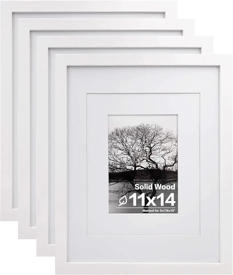 Egofine 11x14 Picture Frames Set of 4, Made of Solid Wood Covered by Plexiglass 5x7 and 8x10 with Mat or 11x14 without Mat, for Table Top Display and Wall Mounting Photo Frame White