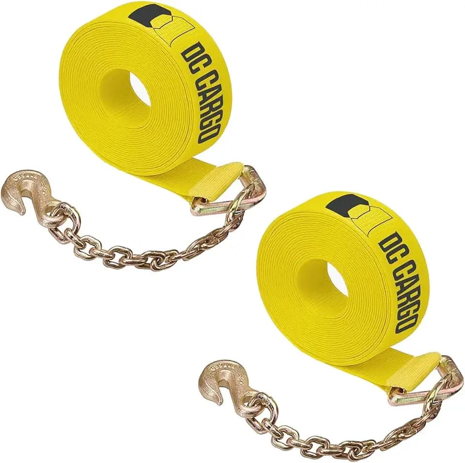 Two 4-in. X 30-Ft. Heavy-Duty Winch Straps with Chain End and Grab Hook, 16,200 Lbs. Break Strength | Chain TieDowns By DC Cargo Mall